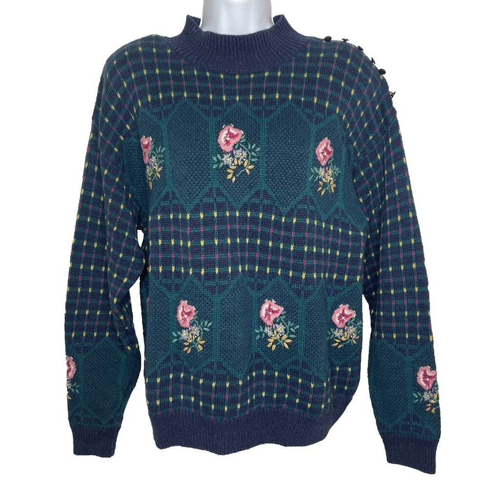 Vintage 80s Ninon de Lenclos Mock Neck Sweater Size L Blue Floral Embroidered